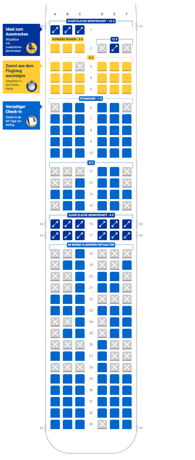 Sitzanordnung & Fensterplätze im Flugzeug A, B, C und Co.